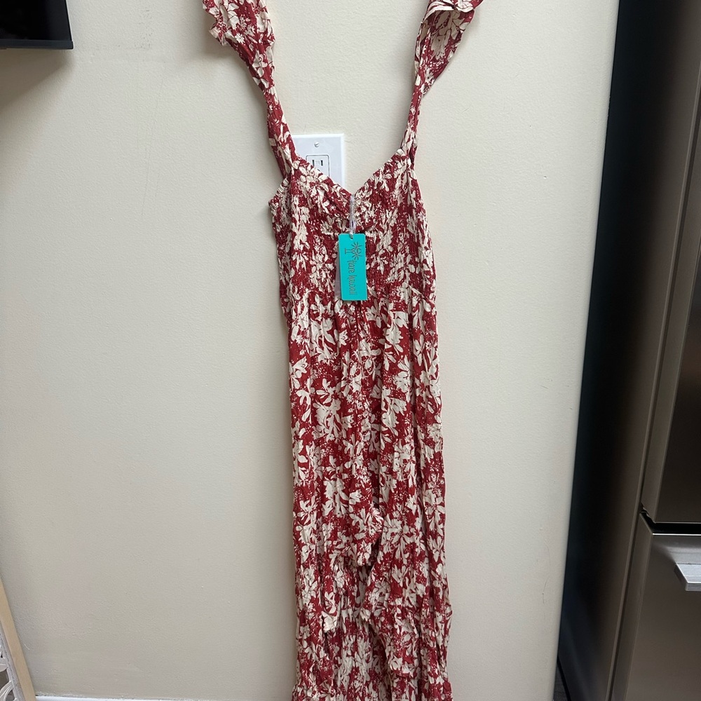 Tiare Hawaii Red and White High-Low Sundress